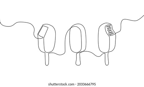 Ice cream on a stick continuous line drawing set. One line art of dairy produce, milk products, food.