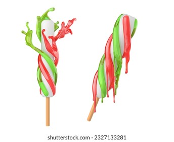 Ice cream on a stick covered in dripping fruit syrups. Vector illustration