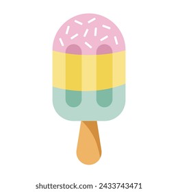Ice cream on stick in different pastel colors. Cold desserts or summer sweet food theme. Vector illustration isolated on white background. 