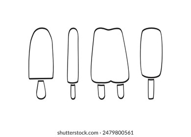 Ice cream on a stick of different shapes and flavors. Vector black outline.