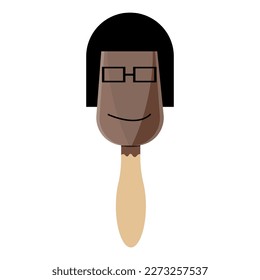 Ice cream on a stick. Eskimo with girl face in glasses. 