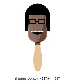 Ice cream on a stick. Eskimo with girl face in glasses. 