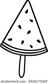Ice cream on a stick in the form of a watermelon. A black and white sketch on a transparent background. Vector illustration.Sweet food. Suitable for designs, postcards, decorations, logos, menus.