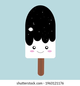 Ice cream on a stick with glaze. Space ice cream. Ice cream with a cute face. It can be used as a print for clothes, stationery and in any other way. Vector image.