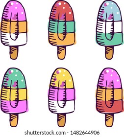 Ice cream on stick hand drawn illustrations set. Multicolor fruit popsicles isolated cliparts pack on white background. Summertime delicious dessert design element. Summer cold dessert doodle