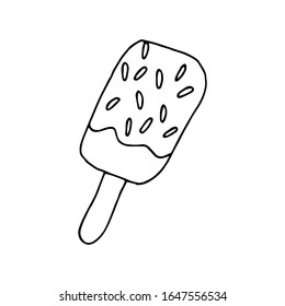 Ice cream on a stick in icing with sprinkles drawn by hands. Vector illustration.