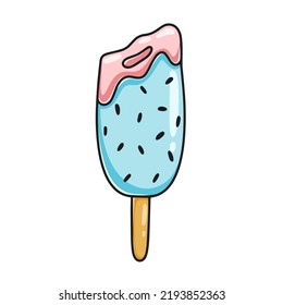 Ice cream on stick isolated vector illustration. Popsicle in blue glaze cartoon. Dairy frozen dessert hand drawn clipart