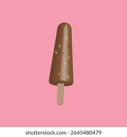 Ice cream on a stick, pink popsicle with chocolate icing and decorative sprinkles. Sweet, high-calorie, dessert. Color vector illustration in cartoon flat style. clipart with pink background