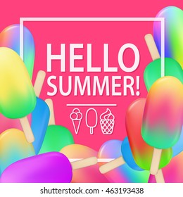 Ice cream on a stick poster. Hello summer illustration. Summer cold juice vector illustration for menu design or food posters and banners.