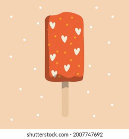 Ice cream on a stick of red color with decorations in the form of hearts.Vector illustration
