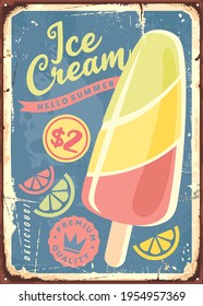 Ice cream on a stick retro ad poster with funky colorful design elements. Citrus flavors icecream vintage sign. Sweet food vector label graphic.