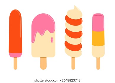 Ice cream on stick set. Frozen juice on wooden stick, fruity popsicle. Flat vector isolated illustration	