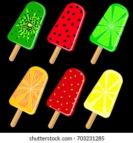 Ice cream on the stick, six varieties, kiwi, watermelon, lime, orange, strawberry and lemon, different flavors