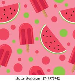 ice cream on a stick and slices of watermelon seamless pattern in vector flat style. bright, summer juicy background pink
