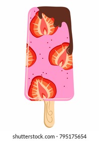 Ice cream on a stick with strawberries and chocolate