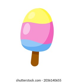 Ice cream on stick. Summer dessert. Multi-colored delicacy. Blue, yellow and pink glaze. Flat cartoon illustration