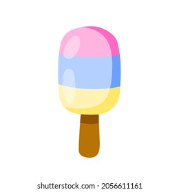 Ice cream on stick. Summer dessert. Multi-colored delicacy. Blue, yellow and pink glaze. Flat cartoon illustration