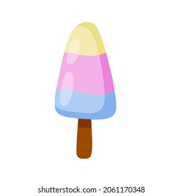 Ice cream on stick. Summer dessert. Multi-colored delicacy. Blue, yellow and pink glaze. Flat cartoon illustration