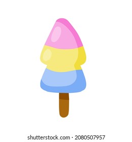 Ice cream on stick. Summer dessert. Multi-colored delicacy. Blue, yellow and pink glaze. Flat cartoon illustration