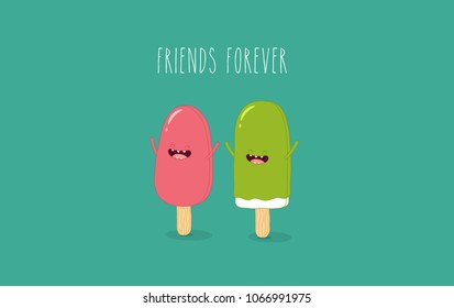 ice cream on the stick with the taste of kiwi and watermelon. Comic character. Vector illustration. Use for the menu, in the shop, in the bar, the card or stickers.