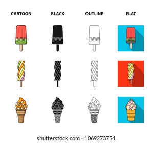 Ice cream on a stick, in a waffle cone and other species. Ice cream set collection icons in cartoon,black,outline,flat style vector symbol stock illustration web.