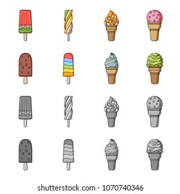 Ice cream on a stick, in a waffle cone and other species. Ice cream set collection icons in cartoon,monochrome style vector symbol stock illustration web.