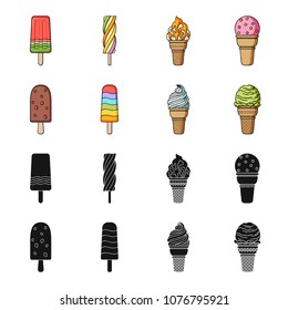 Ice cream on a stick, in a waffle cone and other species. Ice cream set collection icons in black,cartoon style vector symbol stock illustration web.