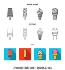 Ice cream on a stick, in a waffle cone and other species. Ice cream set collection icons in flat,outline,monochrome style vector symbol stock illustration web.