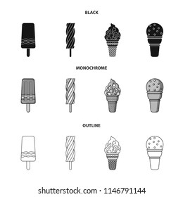 Ice cream on a stick, in a waffle cone and other species. Ice cream set collection icons in black,monochrome,outline style vector symbol stock illustration web.