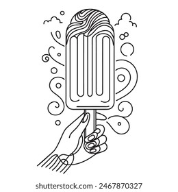 Ice cream on a stick and in a waffle cone in one continuous pattern. vector illustration