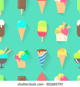 Ice cream on a stick, in waffle cup seamless pattern vector illustration