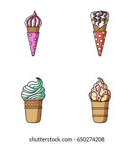 Ice cream on a stick, in a waffle cone and other species. Ice cream set collection icons in cartoon style vector symbol stock illustration web.