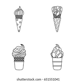 Ice cream on a stick, in a waffle cone and other species. Ice cream set collection icons in outline style vector symbol stock illustration web.