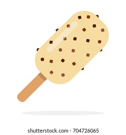 Ice cream on a stick in white glaze and with chocolate chips vector flat material design isolated on white
