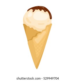 Ice cream on the waffle cone icon in cartoon style isolated on white background. Milk product and sweet symbol stock vector illustration.