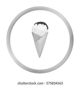 Ice cream on the waffle cone icon in monochrome style isolated on white background. Milk product and sweet symbol stock vector illustration.