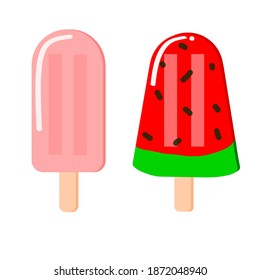 Ice cream on white background. Pink sorbet and watermelon popsicle stick.
