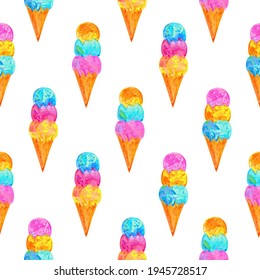 Ice cream on white background. Children's drawing with colored watercolor pencils. Seamless pattern. Texture for fabric, wrapping, wallpaper. Decorative print.Vector illustration