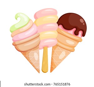 Ice cream on white background. Sweet food. Set of ice cream cards. Vector illustration