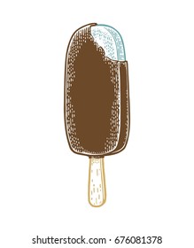 Ice cream on wood stick with chocolate . Vector vintage color engraving illustration. Isolated on white background.