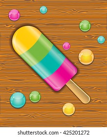 Ice cream on wooden background.