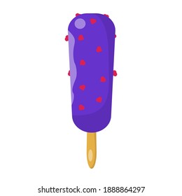 Ice cream on a wooden stick with purple glaze and red hearts cartoon icon on isolated white background. Vector EPS10 illustration