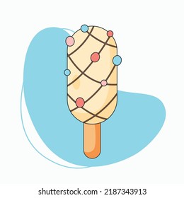 Ice cream on wooden stick. Sweet delicious frozen summer dessert. Flat vector Illustration in cartoon style for design, poster, banner, menu.