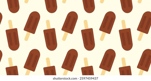 Ice cream on wooden stick Chocolate glaze cover Seamless Pattern on soft beige Background Texture