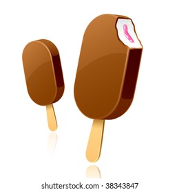 Ice cream on wooden stick. Vector illustration.