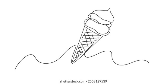 Ice cream one continuous line illustration. Hand drawn doodle sketch of sweet food on white background