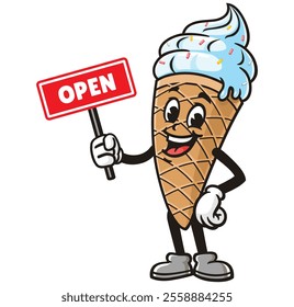 Ice Cream with open sign,  Cartoon Character Mascot Illustration Vector Clip-art Hand-drawn Logo Design