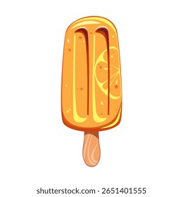 Ice cream with orange, fruit popsicle on a wooden stick with pieces of orange. Summer cold dessert, frozen juice, fruit ice. Vector illustration.