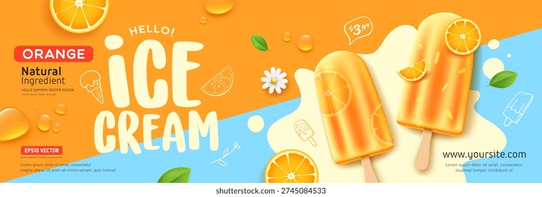 Ice cream orange fruit, summer sale, cool sweet fresh, banner poster design on orange and blue background, Eps 10 vector illustration