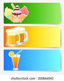 Ice cream, orange juice and beer with blank sign